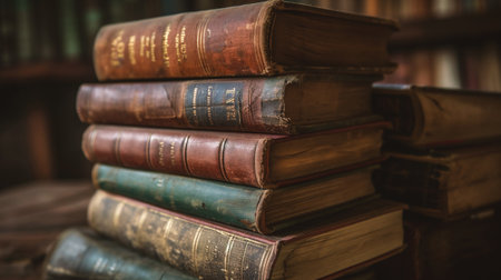 Stack of old books on a wooden table in an old library.の素材