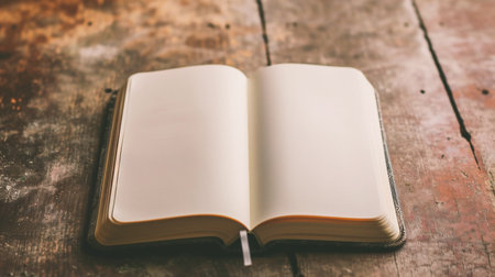 Blank notebook on wooden table, vintage color tone, selective focusの素材