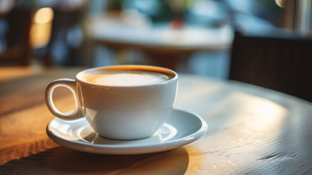 Coffee cup on wooden table in coffee shop - vintage effectの素材
