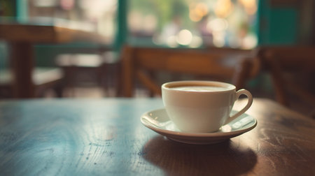 Coffee cup on wooden table in coffee shopの素材