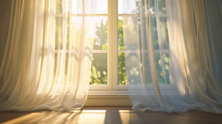 White curtains on a window in a room with a view of nature.の素材