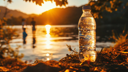 Bottle of mineral water on the background of the lake and sunset.の素材