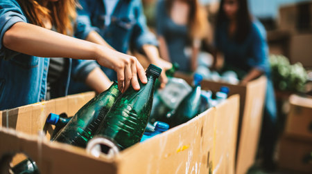 cropped shot of woman holding plastic bottles in recycling bin at recycling centerの素材