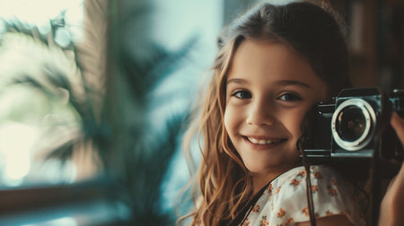 Portrait of a cute little girl holding a camera and smiling.の素材