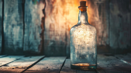 Old empty bottle on a wooden background. Vintage style toned pictureの素材