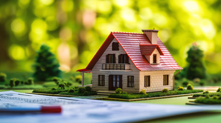 Miniature model of a house on the background of a green forestの素材