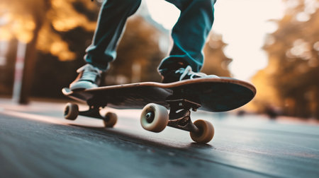 Skateboarder skateboarding on a skatepark ramp at sunsetの素材