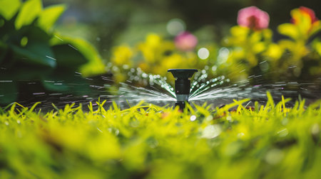 Sprinkler watering the green grass in the garden with bokeh backgroundの素材