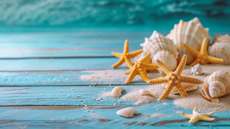 Seashells and starfish on blue wooden background with copy spaceの素材