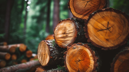 Wooden logs in the forest, close-up. Natural background