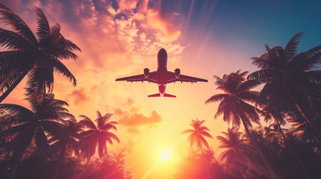 Silhouette of airplane flying over palm trees on sunset sky backgroundの素材
