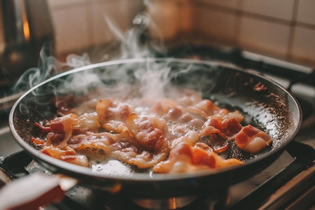 Frying pan with bacon and onions on the stove in the kitchenの素材