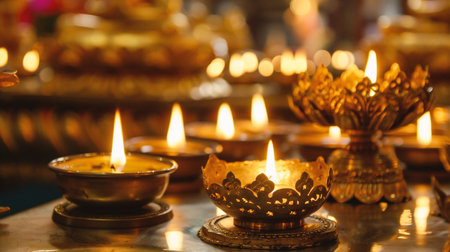 Candle light in a Buddhist temple, closeup. Religion conceptの素材