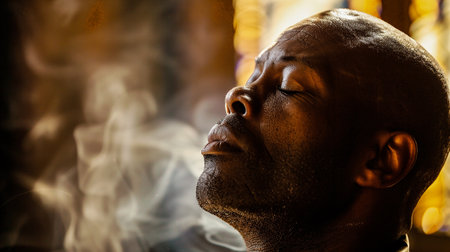 Close-up of a black man in a churchの素材
