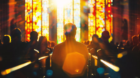 Silhouette of a man in front of a large crowd of peopleの素材