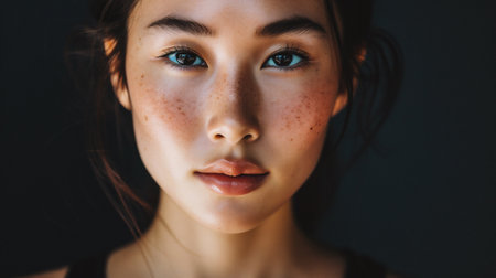 Portrait of a beautiful young woman with freckles on her faceの素材
