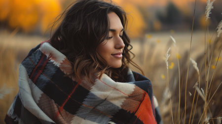Portrait of a beautiful young brunette woman wrapped in a plaid in the autumn fieldの素材