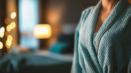 Close up of woman in bathrobe standing in hotel room, blurred backgroundの素材