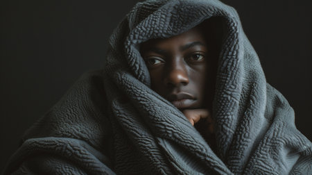 Portrait of young african american woman wrapped in gray blanketの素材