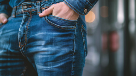 Men's jeans. Close-up of a man's hand in a jeans pocket.の素材