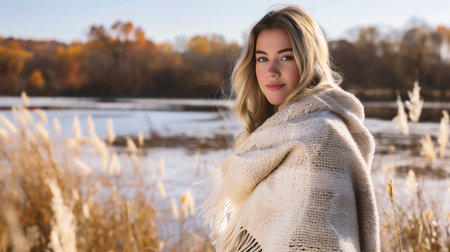 Beautiful young woman in a beige sweater on the river bankの素材