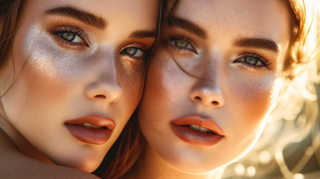 Close up portrait of two young beautiful women with bright makeup and perfect skinの素材