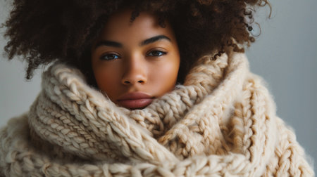 Beautiful african american woman with afro hairstyle wearing warm scarfの素材