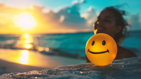 Woman in swimsuit with yellow smiley face on the beach at sunsetの素材