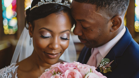 Close up portrait of african american bride and groom in wedding dayの素材