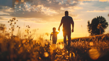 Father and son walking at sunset in the field. Happy family.の素材