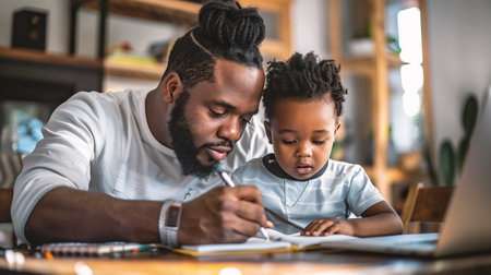 African american father and son doing homework together at home. Fatherhood conceptの素材