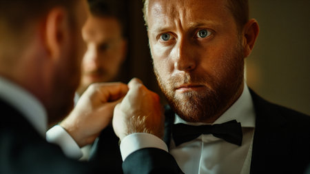 Close-up of two men in tuxedo looking at each otherの素材