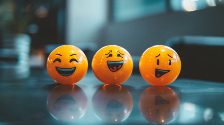 Orange smiley face on the table in the cafe. Selective focusの素材