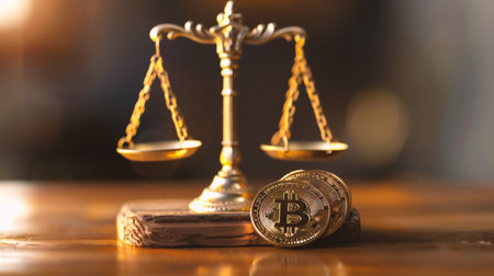 Bitcoin and scales of justice on wooden table. Cryptocurrency conceptの素材