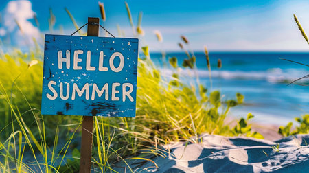 Hello Summer sign on the beach with green grass and blue sky backgroundの素材