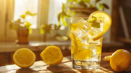 Glass of lemonade with ice cubes and fresh lemons on wooden tableの素材
