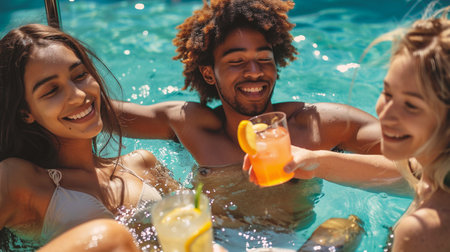 Multiethnic group of friends having fun in swimming pool and drinking cocktailsの素材