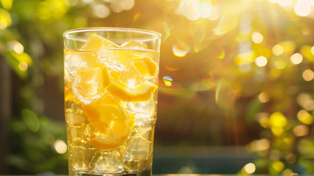 Glass of lemonade with ice and slices of lemon on a green backgroundの素材