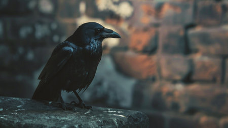 Black crow sitting on a stone in front of a brick wall.の素材