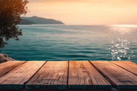 Wooden deck table top on blur sea and mountain background - can be used for display or montage your productsの素材