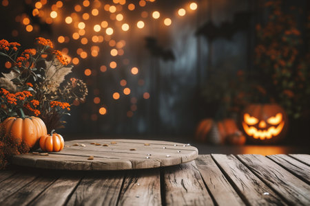 Halloween background with pumpkins and place for text on wooden tableの素材