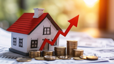 House model and coins on the table with graph growth. Real estate conceptの素材