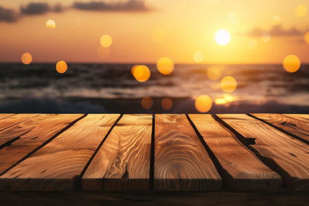 Wooden table top on blurred sea and sunset background - can be used for display or montage your productsの素材