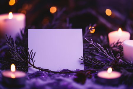 Christmas card with burning candles and fir branches on the background of the Christmas treeの素材