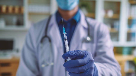Doctor holding a syringe in his hand, close-up.の素材