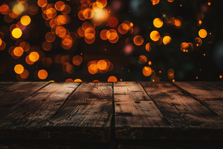 Wooden table background with bokeh lights and Christmas tree.の素材