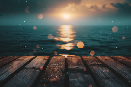 Wooden floor against sunset over the sea with bokeh effectの素材