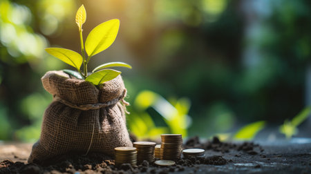 Investment concept, Coins with plant growing out of money bag on blurred background.の素材