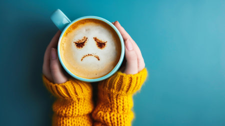 Woman holding a cup of coffee with a sad face on it.の素材