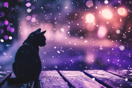 Black cat sitting on a wooden bench in the winter at night.の素材